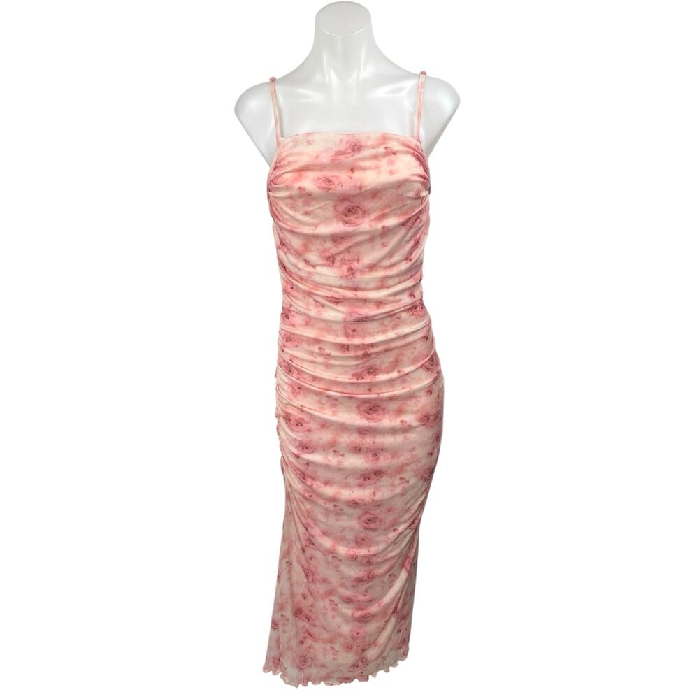 NEW Shein Pink Floral Ruched Sleeveless Cami Camisole Tank Midi Bodycon Dress M